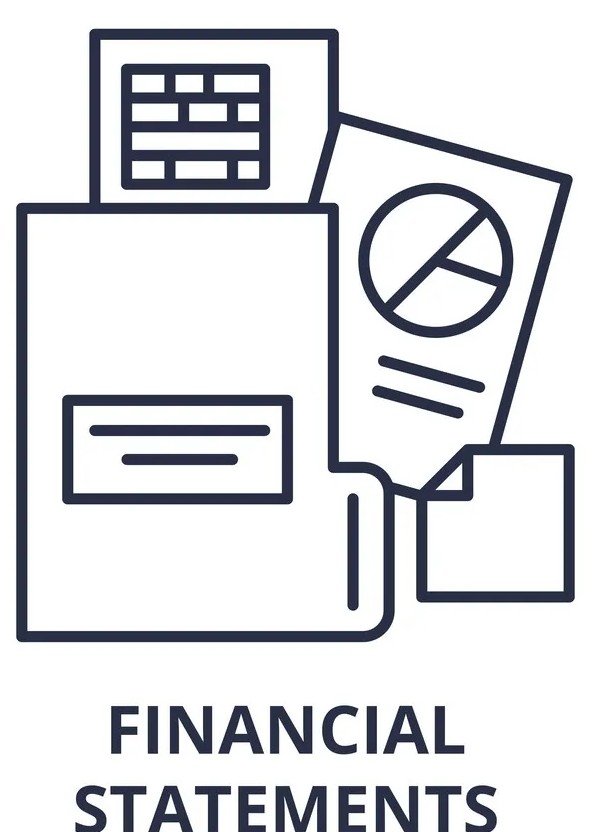 Outline drawing of financial documents including a calculator, pie chart, text report, and file folder, with the words 'Financial Statements' below.