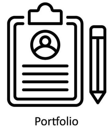 Icon of a clipboard with a user profile and portfolio text, accompanied by a pencil