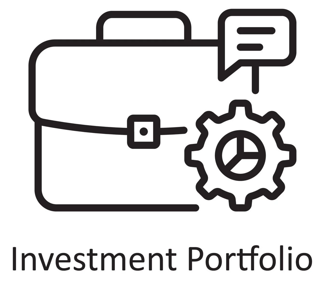 Outline of a briefcase with a chat bubble and a gear with a pie chart inside, representing investment portfolio.