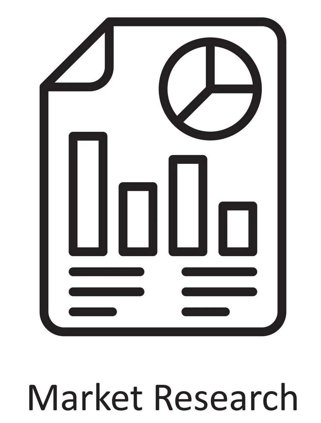 Line art icon of a report with bar graph, pie chart, and text lines, labeled 'Market Research'.
