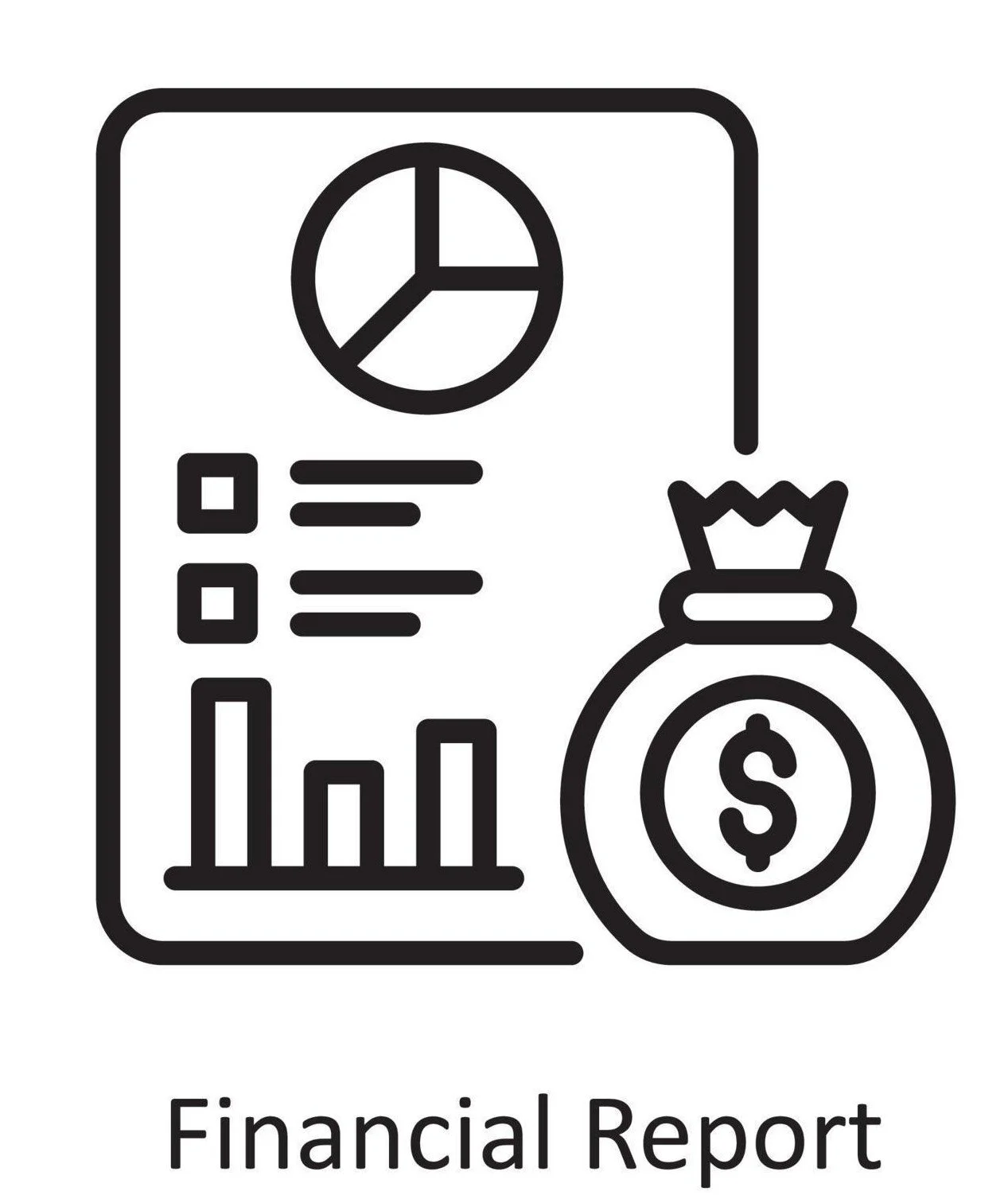 Line drawing of a financial report with a pie chart, bar graph, checkboxes, and a money bag symbol, labeled 'Financial Report'.