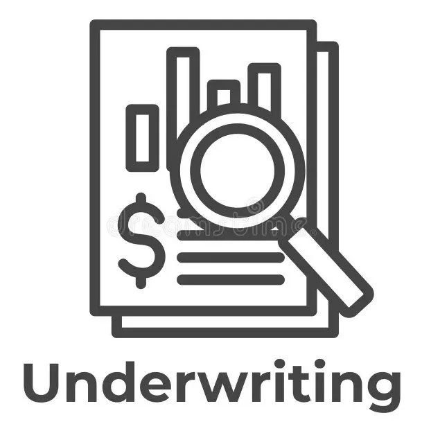 Icon of financial documents with a magnifying glass examining a dollar sign and bar graphs, labeled 'Underwriting'.