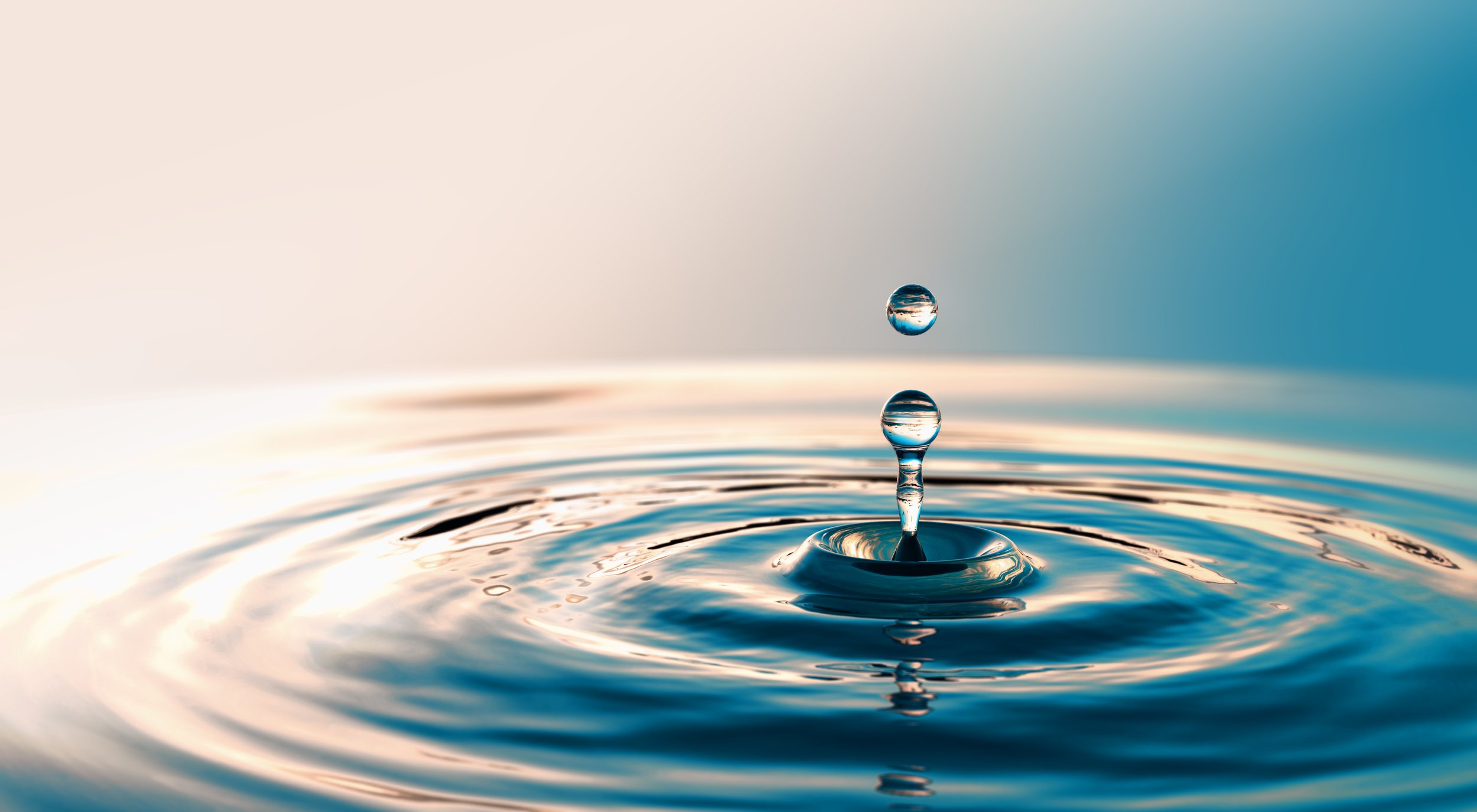 Partial image of a pool of water with a droplet of water that has bounced up and is creating a ripple along the surface.