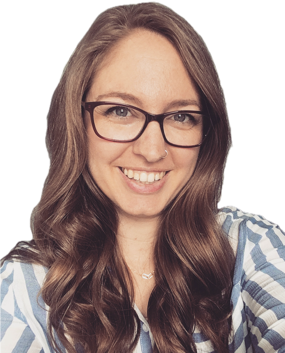 Lindsay, the owner of Uvid Insight, is a white woman with brown hair, glasses, and a nose ring. She is wearing a blue and white striped blouse and smiling.