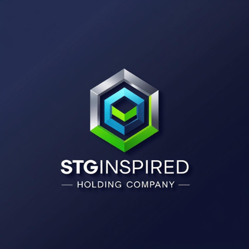 Logo of STG Inspired Holding Company with a hexagonal emblem and the company name beneath it.