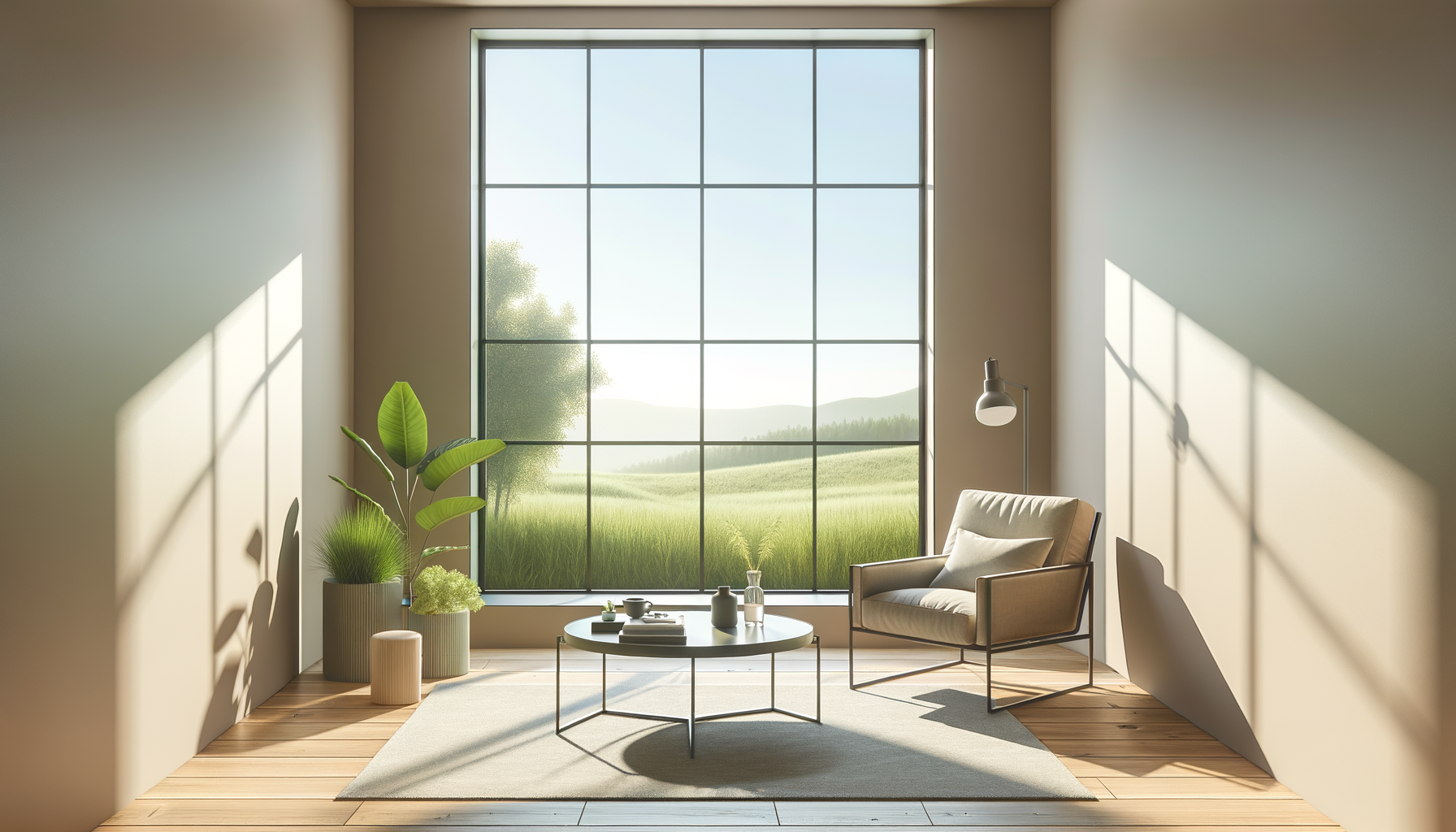 A minimalist living room with a large window overlooking a green landscape, a beige armchair with a pillow, a round coffee table with decorative items, a standing lamp, a beige rug, and potted plants, illuminated by natural sunlight creating shadows on the walls.
