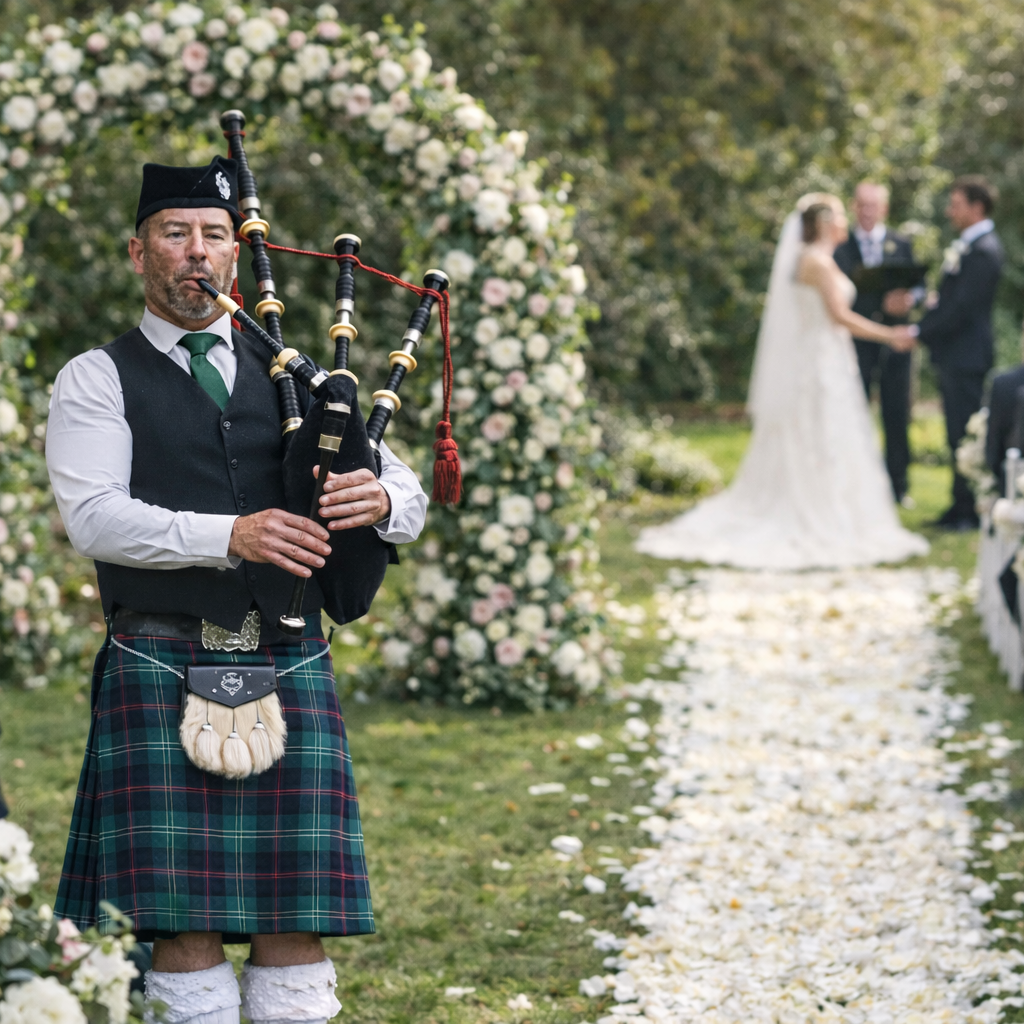 A man dressed in traditional Scottish attire playing bagpipes at an outdoor wedding ceremony, with a bride and groom standing in the background.