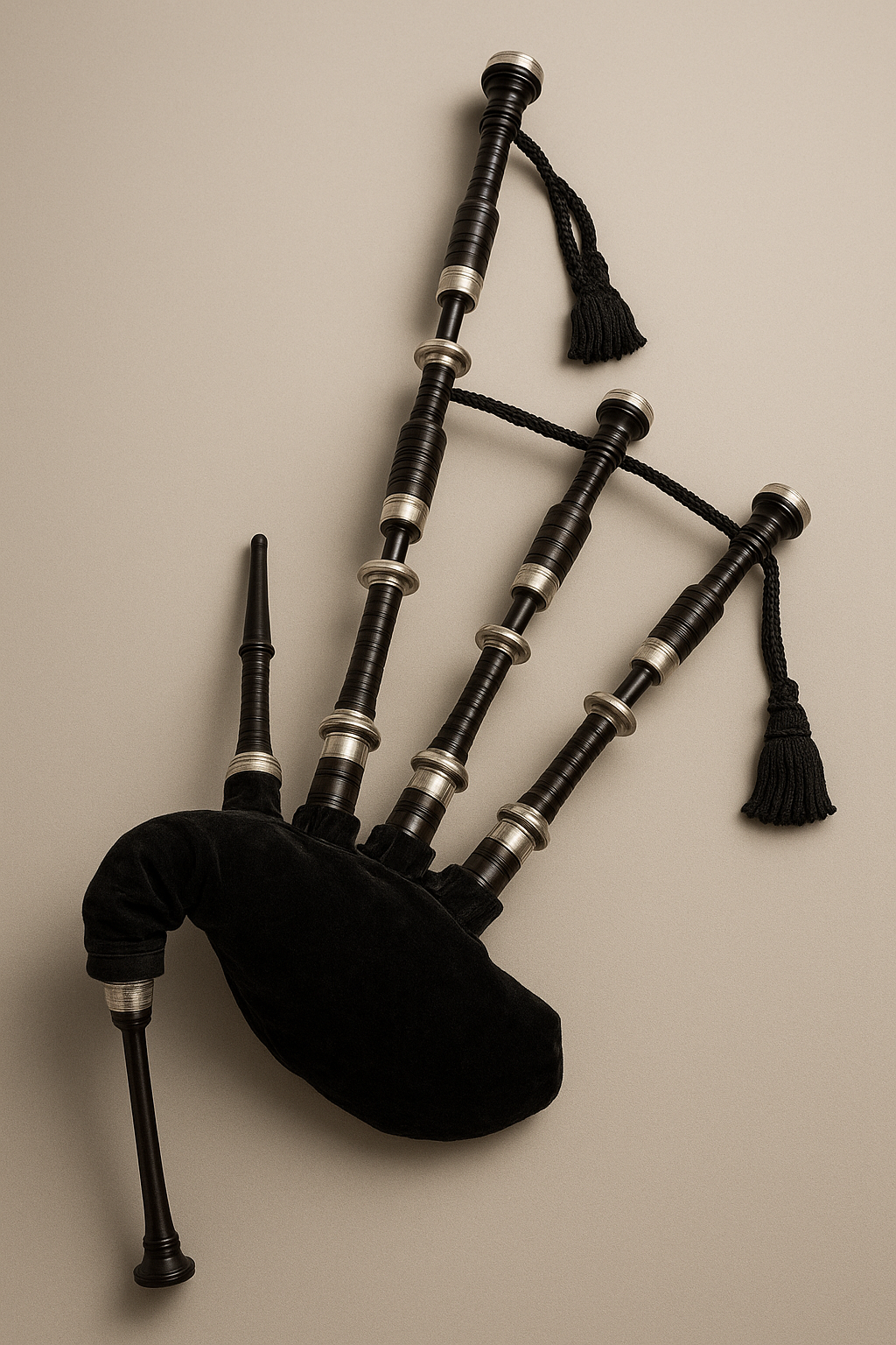 A set of medieval bagpipes with black and silver detailing, laid out on a beige background.