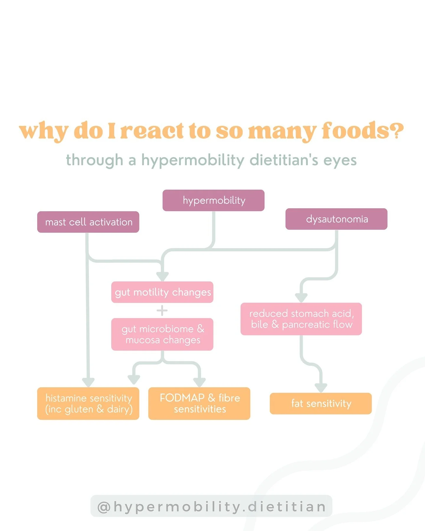 Why do I react to so many foods?! 😫 

Many people with hypermobility have adverse reactions to food components. There can be a few different reasons for this!

The diagram above simplifies a few of the big intolerances that hypermobile people can fa