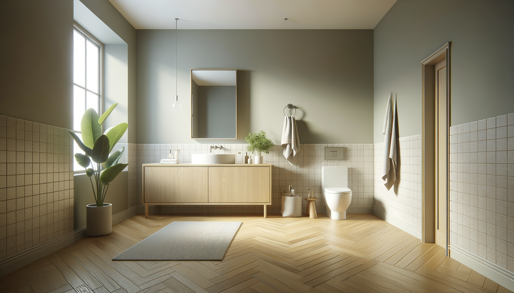 Modern bathroom with green walls, large window, wooden vanity, oval mirror, potted plant, towel, and toilet.
