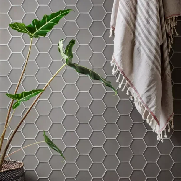 Indoor scene with a potted plant and a hanging towel against a gray honeycomb tile wall.