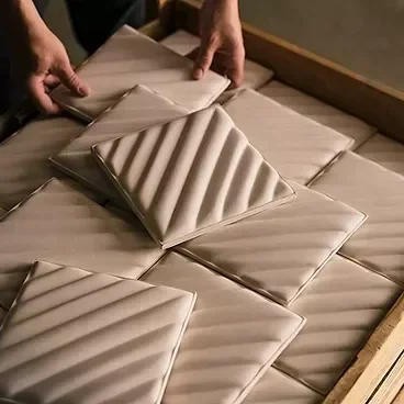 Hands handling packaged rectangular tiles with ridged surfaces, arranged on a wooden tray.