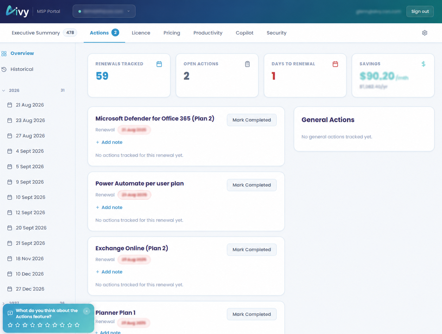 Aivy SAMi actions dashboard showing Microsoft licence renewals and optimisation actions.