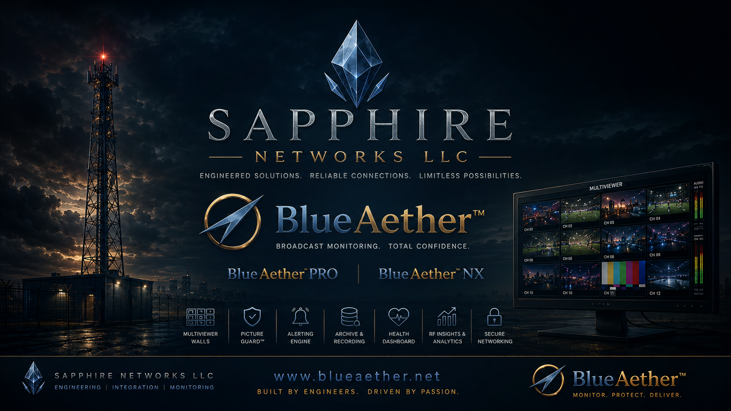 Sapphire Networks LLC BlueAether™ broadcast monitoring platform featuring BlueAether PRO and BlueAether NX for multiviewer walls, alerting, recording, health dashboards, RF analytics, and secure networking.