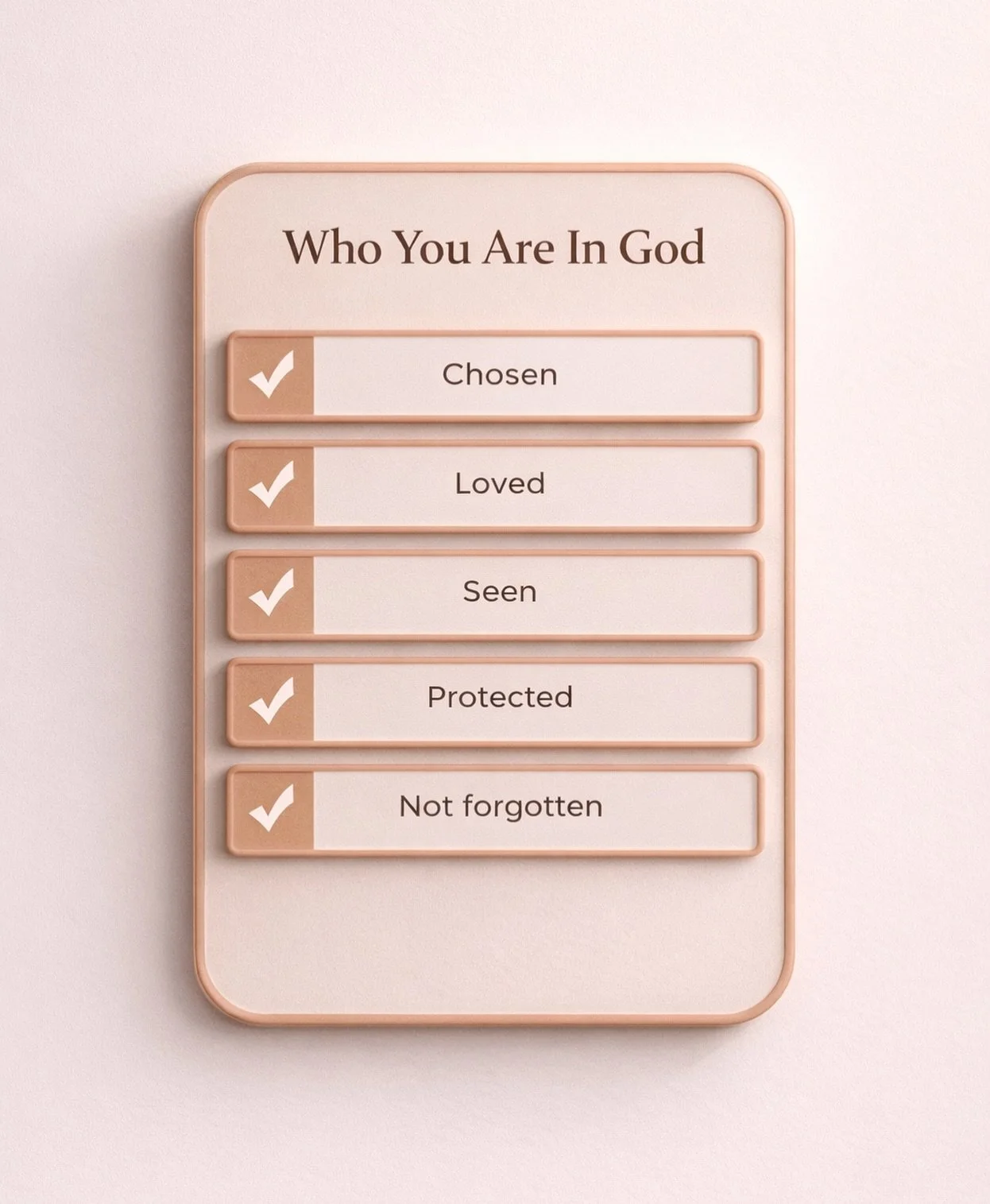 Dear Sister,

You are not forgotten.
Not by people who truly see you.
And never by God.

Even in the seasons you felt invisible, He was holding you.

 The Bible says:
&ldquo;I have loved you with an everlasting love.&rdquo; &mdash; Jeremiah 31:3

🤍 