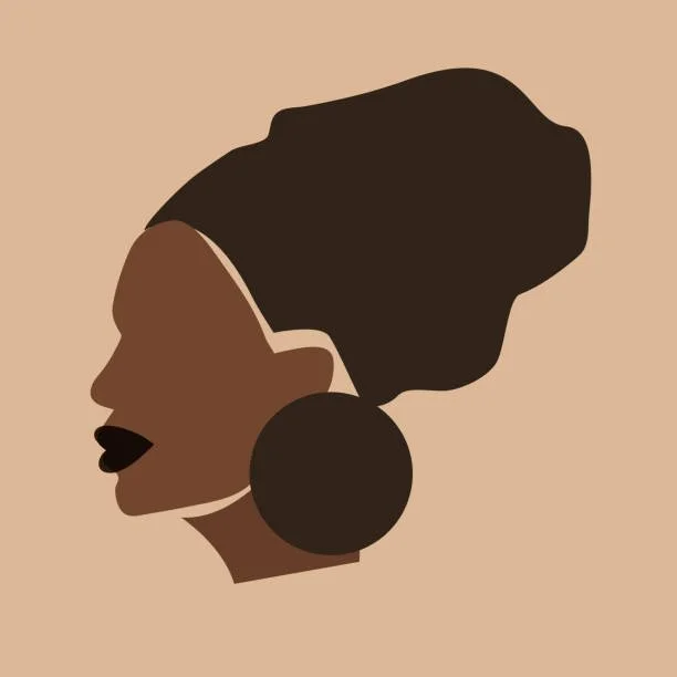 Minimalist digital illustration of a woman with dark skin, large round earrings, and an afro hairstyle, facing left.