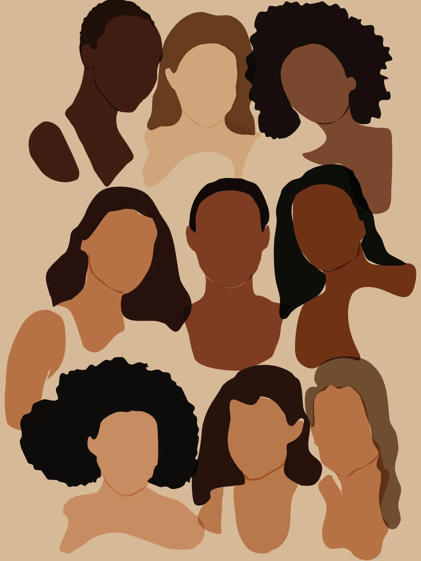 Digital illustration of nine women with different hairstyles and skin tones, all depicted without facial features, against a beige background.