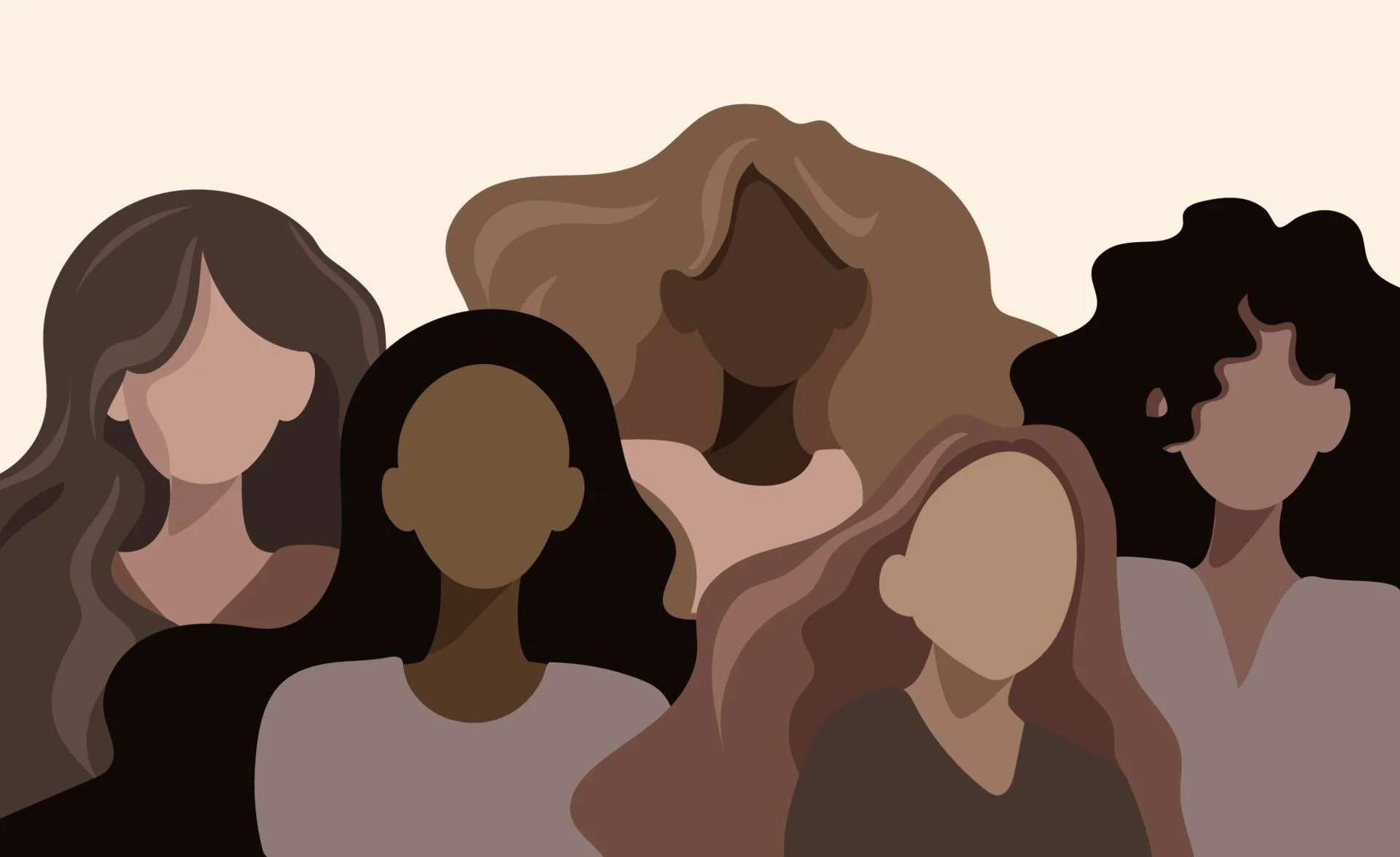 Illustration of six diverse women with different hair colors and styles, no facial features visible.