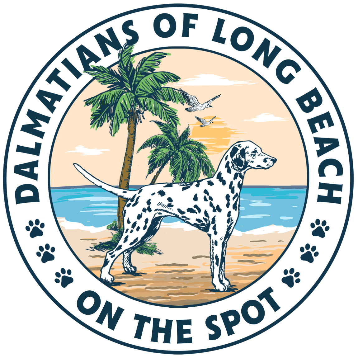 Dalmatians of Long Beach on the Spot logo featuring a Dalmatian dog standing on a beach with palm trees, a sunset, and seagulls in the background.