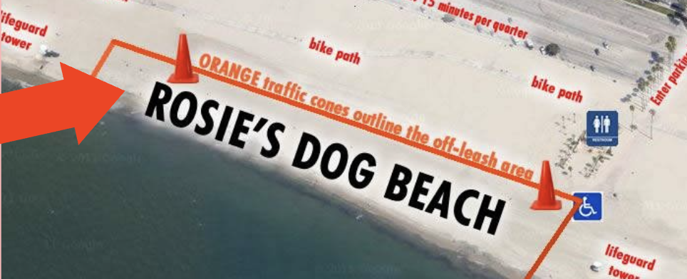 Map of Rosie’s Dog Beach with labeled features including orange traffic cones outlining the off-leash area, bike paths, a fenced area, and a wheelchair accessible restroom.