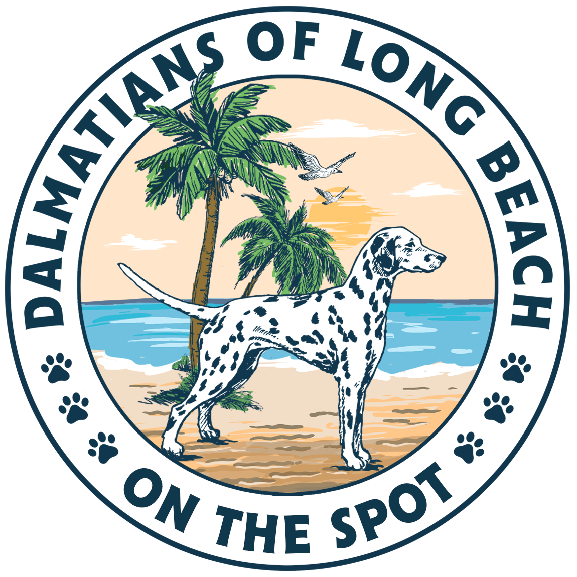 A circular logo for the Dalmatians of Long Beach on the spot featuring a Dalmatian dog on a beach with palm trees, ocean, and birds during sunset.