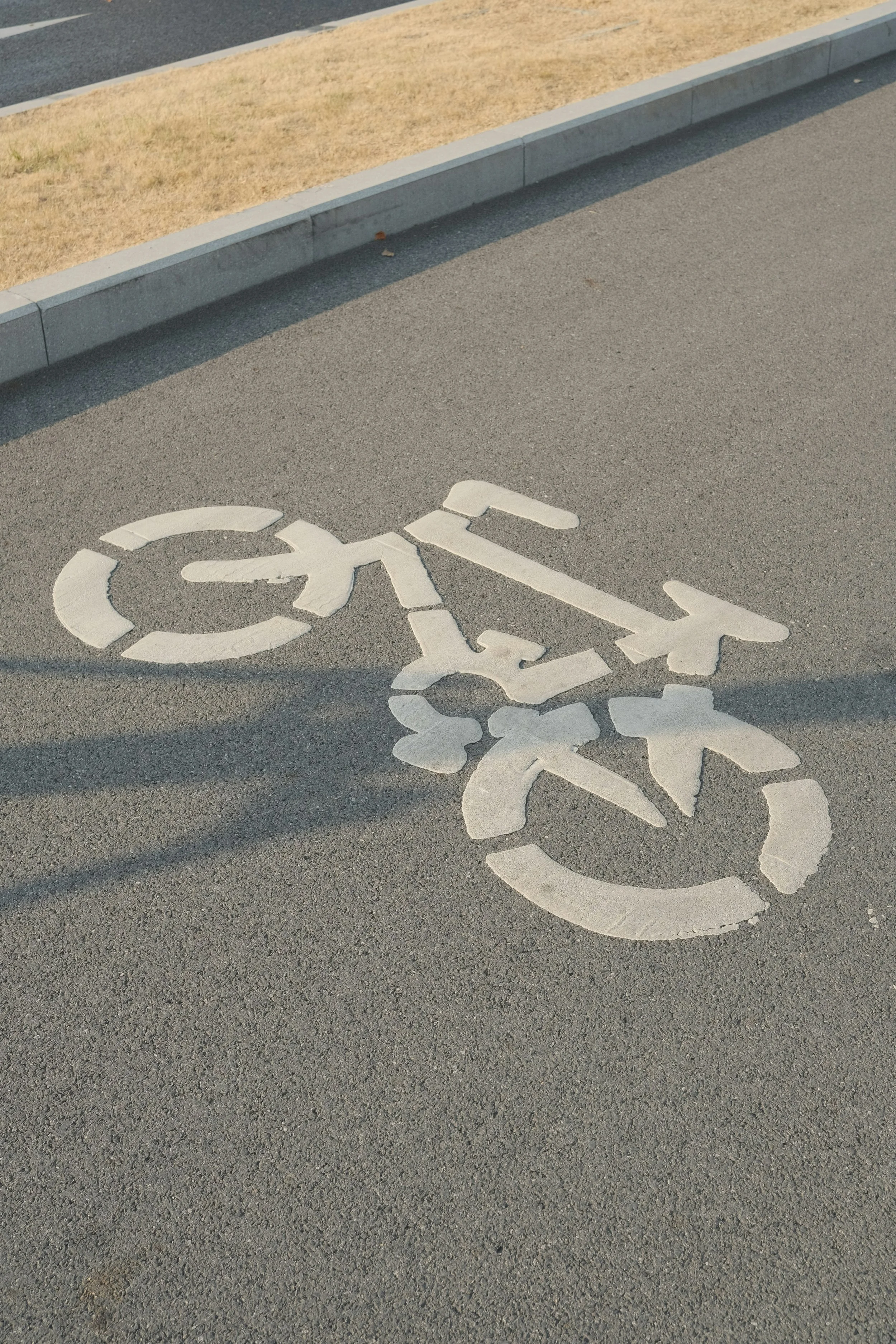 Painted bicycle lane symbol on asphalt road next to sidewalk and grass.