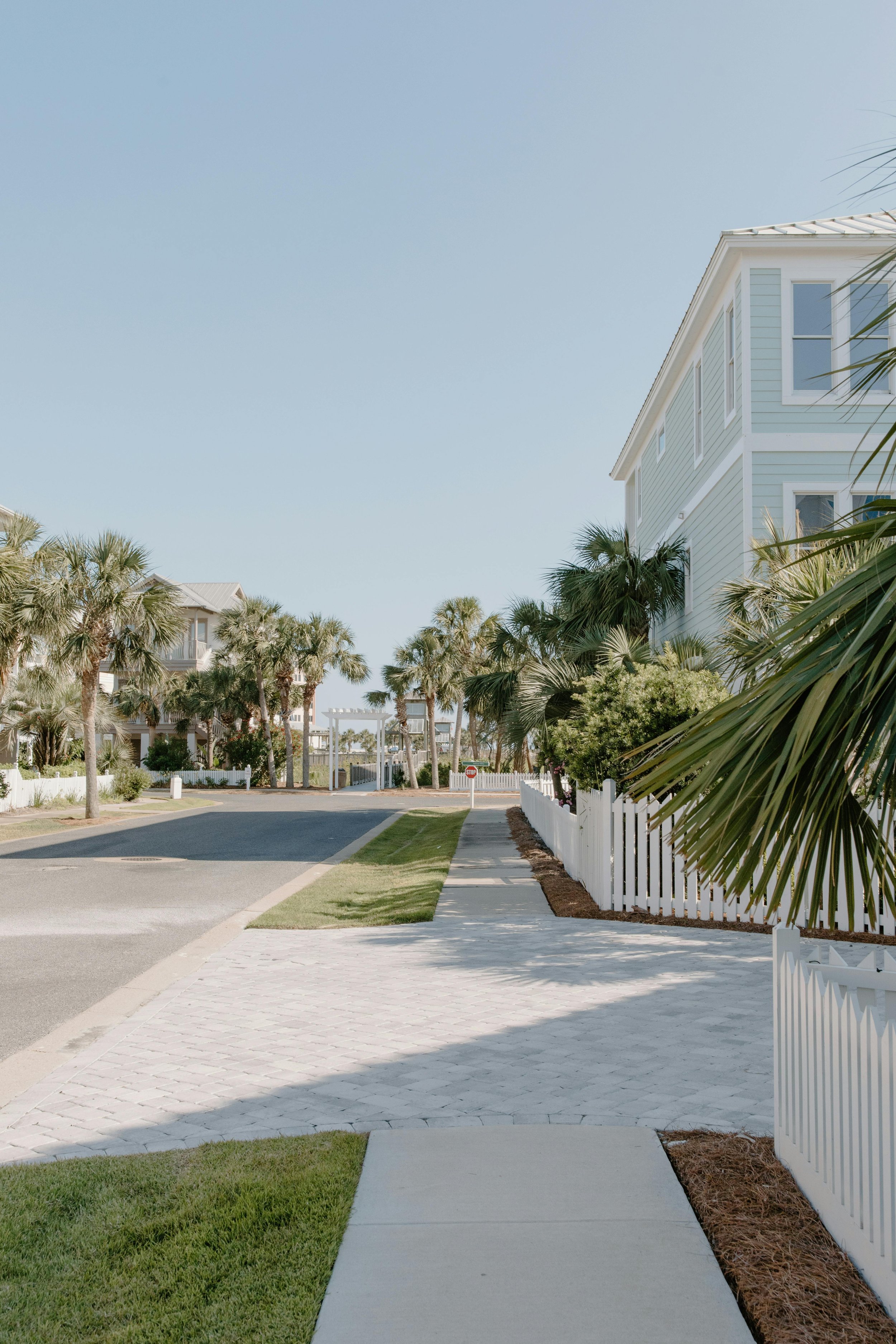 A quiet residential street lined with palm trees, white fences, and beach-style houses on a sunny day.