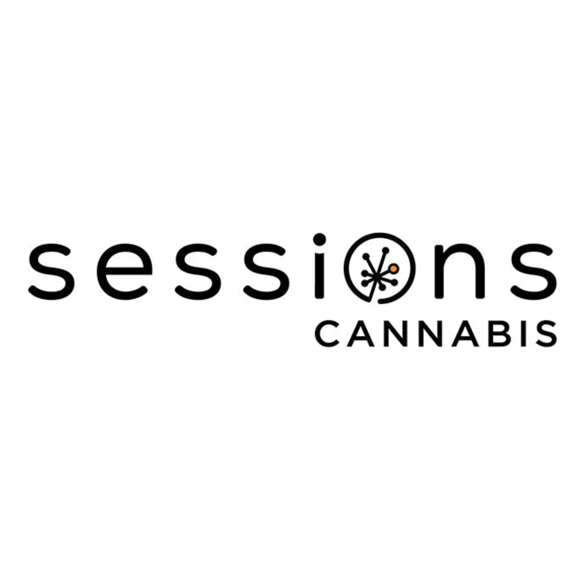 Logo for Sessions Cannabis with the word 'sessions' in lowercase, a stylized cannabis symbol replacing the 'o', and 'CANNABIS' in uppercase underneath.