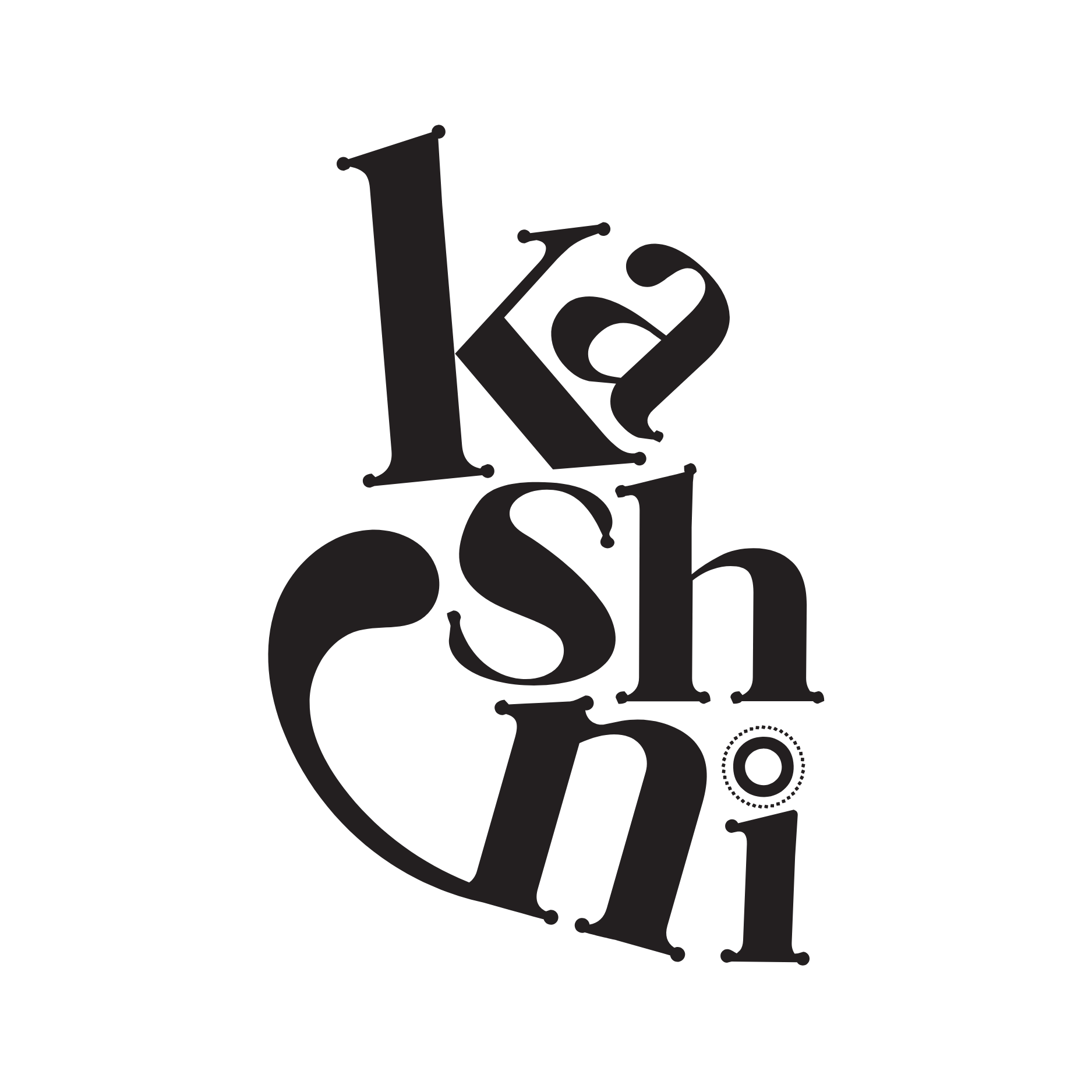 Letters spelling 'Kashoni' arranged vertically with varying sizes and styles.