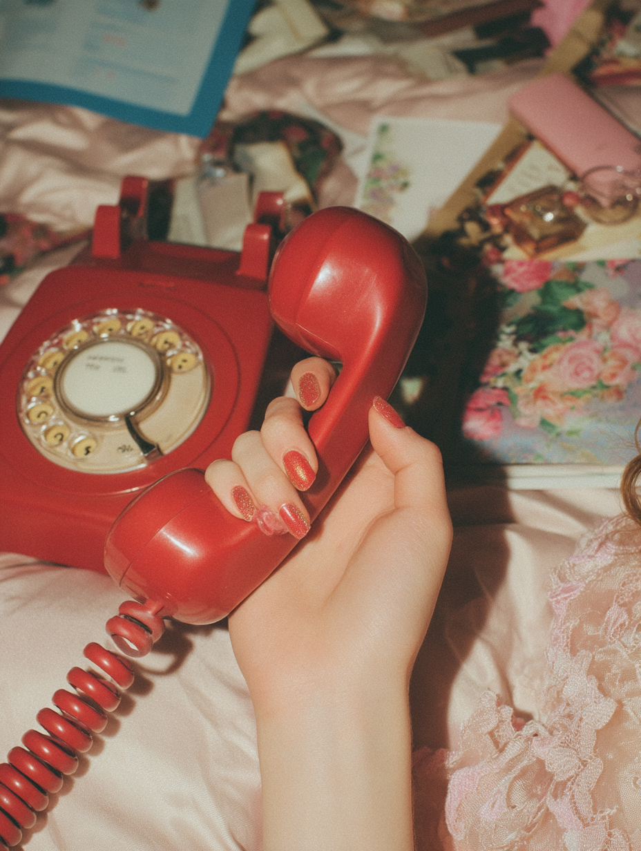Close-up of a person's hand with red glitter nail polish holding a red rotary phone, surrounded by cluttered bed with various items and floral patterns.
