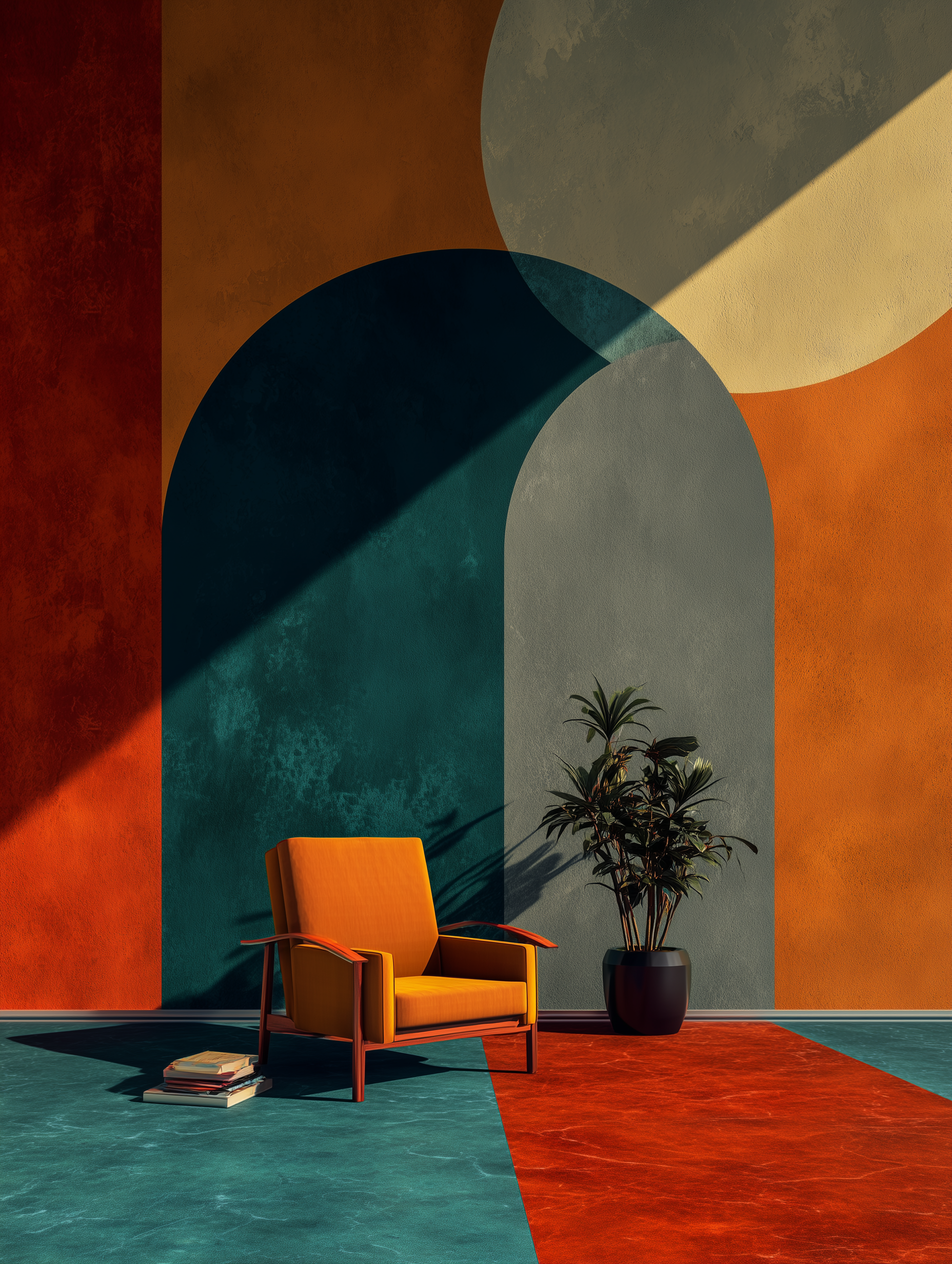 Interior scene with a mustard yellow armchair, a potted plant, and a small stack of books on a teal and red floor, against a colorful wall with geometric shapes and shadows.