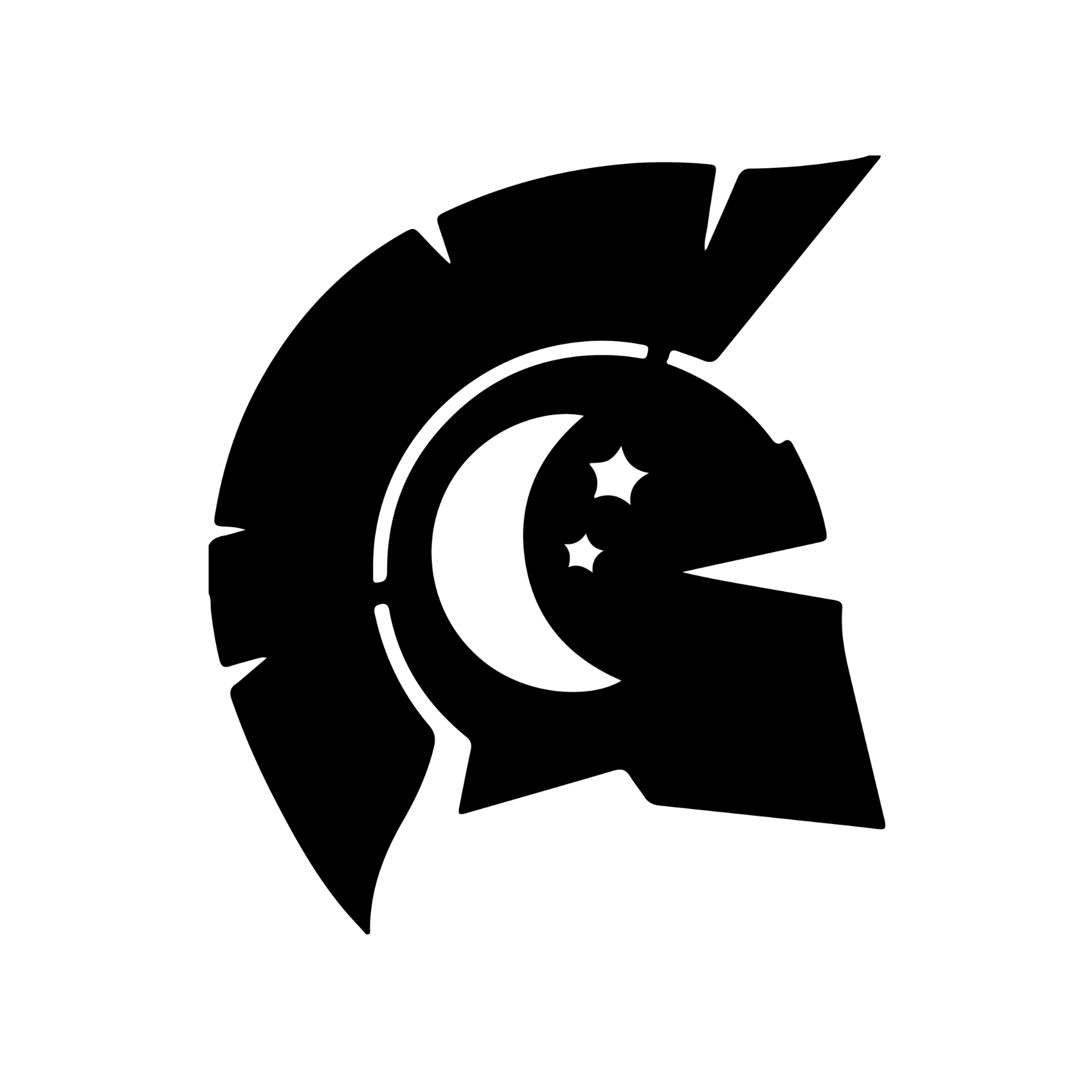 Black and white icon of a crescent moon with two small stars nearby.