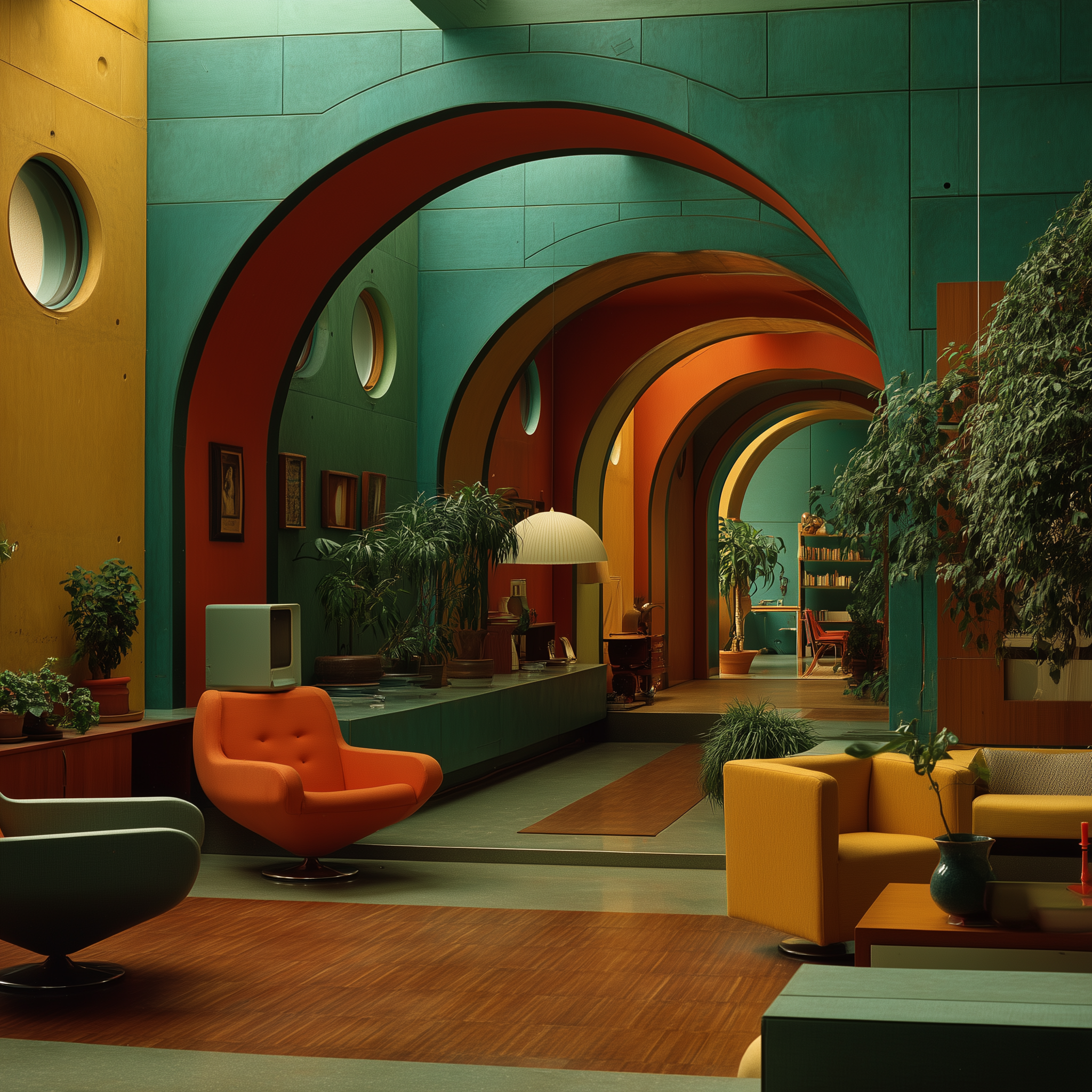 Interior of a retro-style living room with colorful curved archways, plants, and vintage furniture including an orange chair, a yellow sofa, and a small television.