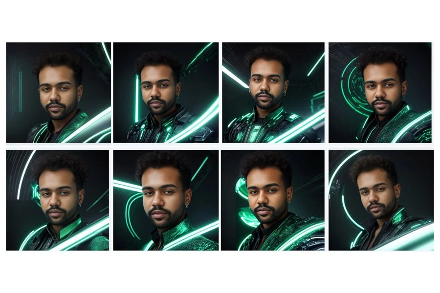 Collage of eight portraits of a man with dark hair and beard, wearing a futuristic, glowing green and black jacket, set against a high-tech, neon-lit background.