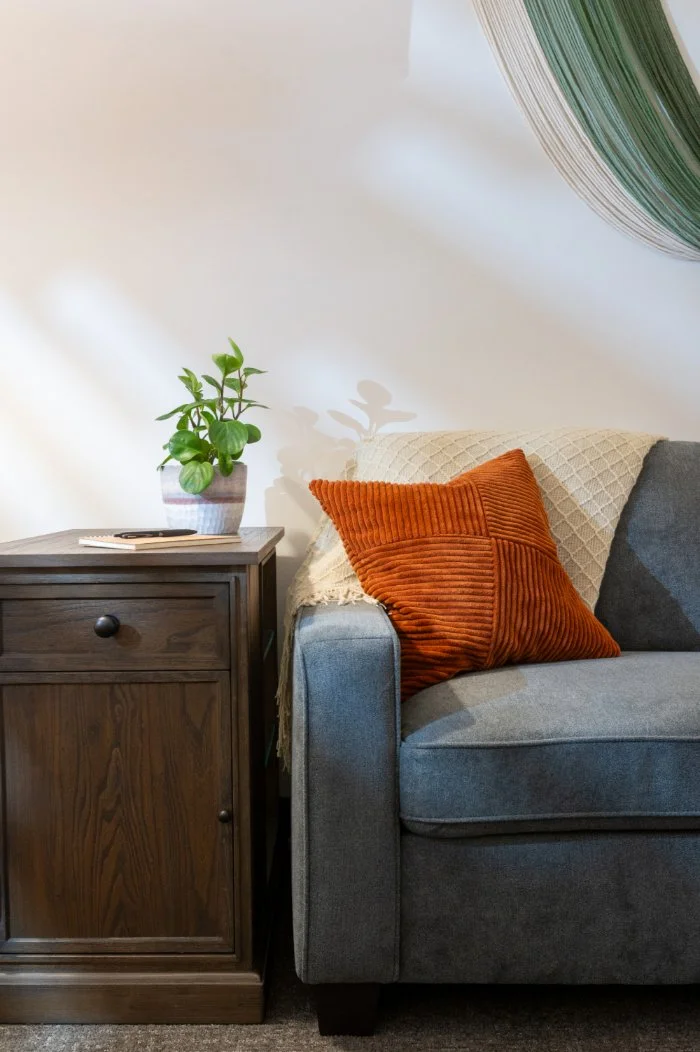 Therapy couch and side table with plant and notebook in therapy office