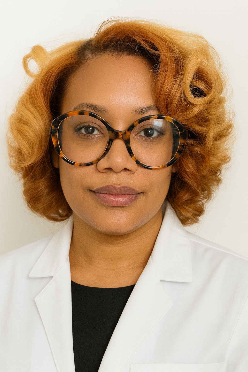 A woman with curly, shoulder-length orange hair wearing large tortoiseshell glasses and a white blazer, looking at the camera.