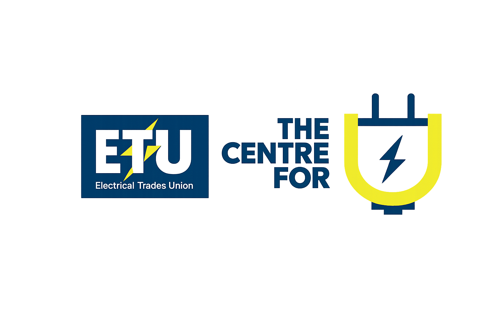 Logo of the Electrical Trades Union featuring a yellow lightning bolt and a blue shield with a lightning bolt, alongside text stating 'The Centre for' and 'Electrical Trades Union'.