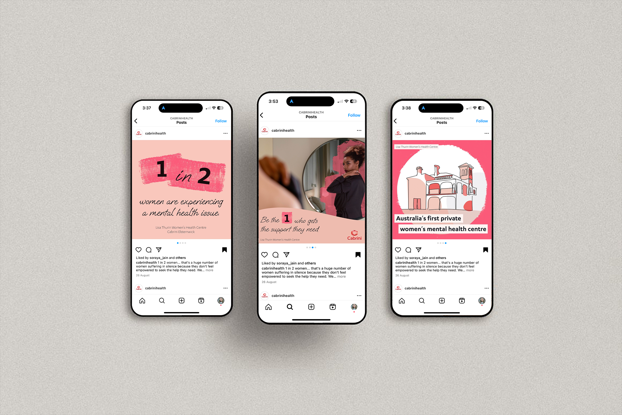 Three smartphone screens showing social media posts from Cabrini Health about women's mental health, featuring pink-themed graphics, text, and illustrations.