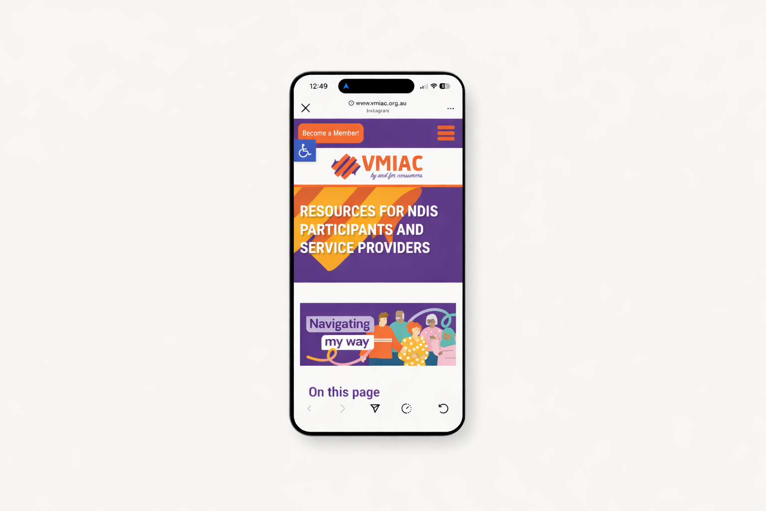 A smartphone displaying a webpage from VMIAC, an organization providing resources for NDIS participants and service providers, with colorful graphics and navigation options.