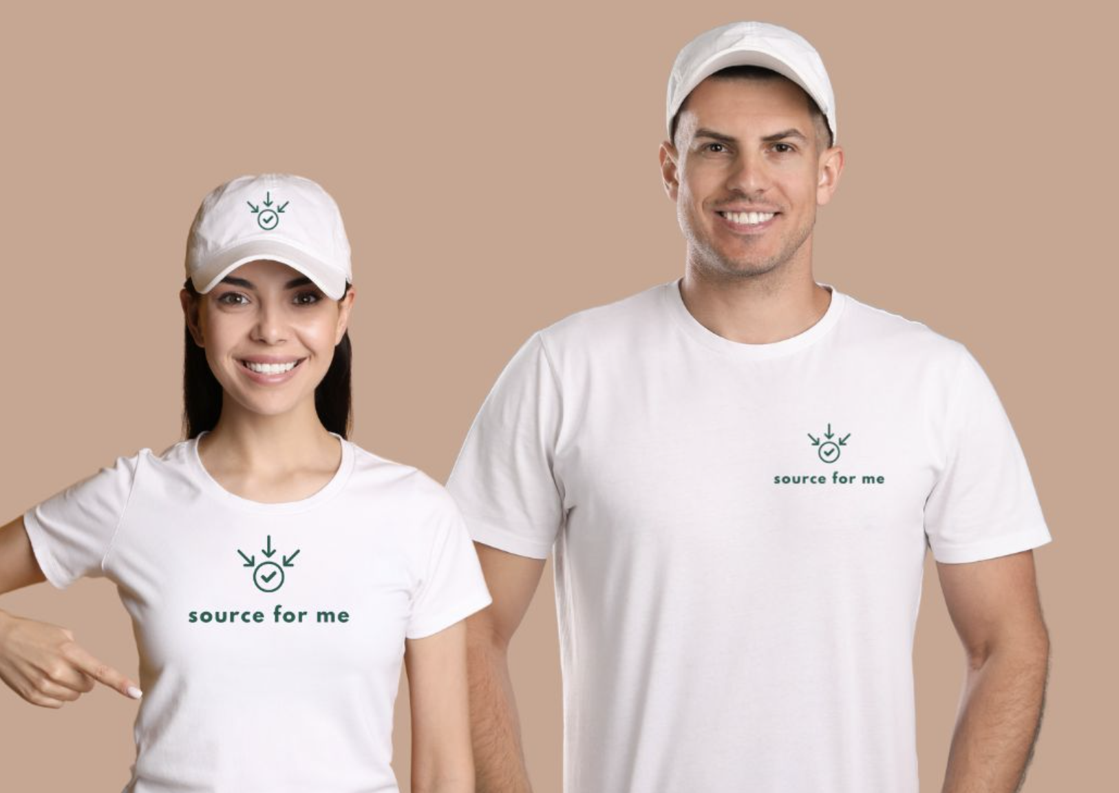 Two smiling young adults, a woman and a man, wearing matching white t-shirts and white caps with a logo that resembles a clock and downward arrows. The woman's t-shirt is pointed to with her finger, and both shirts have the text "source for me." They are standing against a plain beige background.