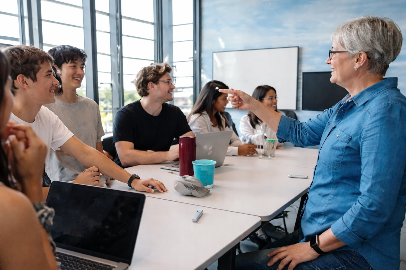 A woman with short gray hair and glasses points and speaks to a group of young adults seated at a conference table in a bright room, engaging in discussion.