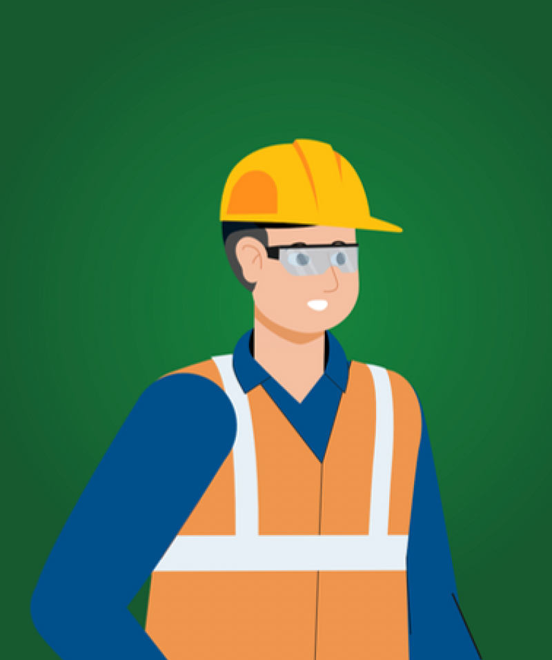 Illustration of a construction worker wearing a yellow safety helmet, safety glasses, an orange reflective vest, and a blue shirt, standing against a green background.