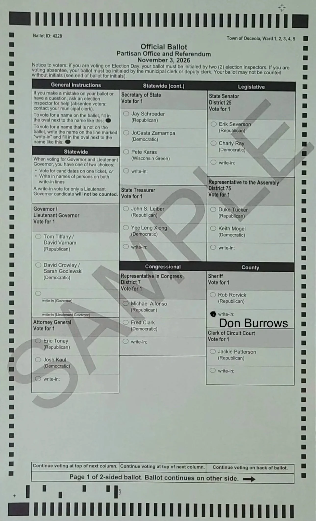 Sample Ballot with Don Burrows in Sheriff Write-in