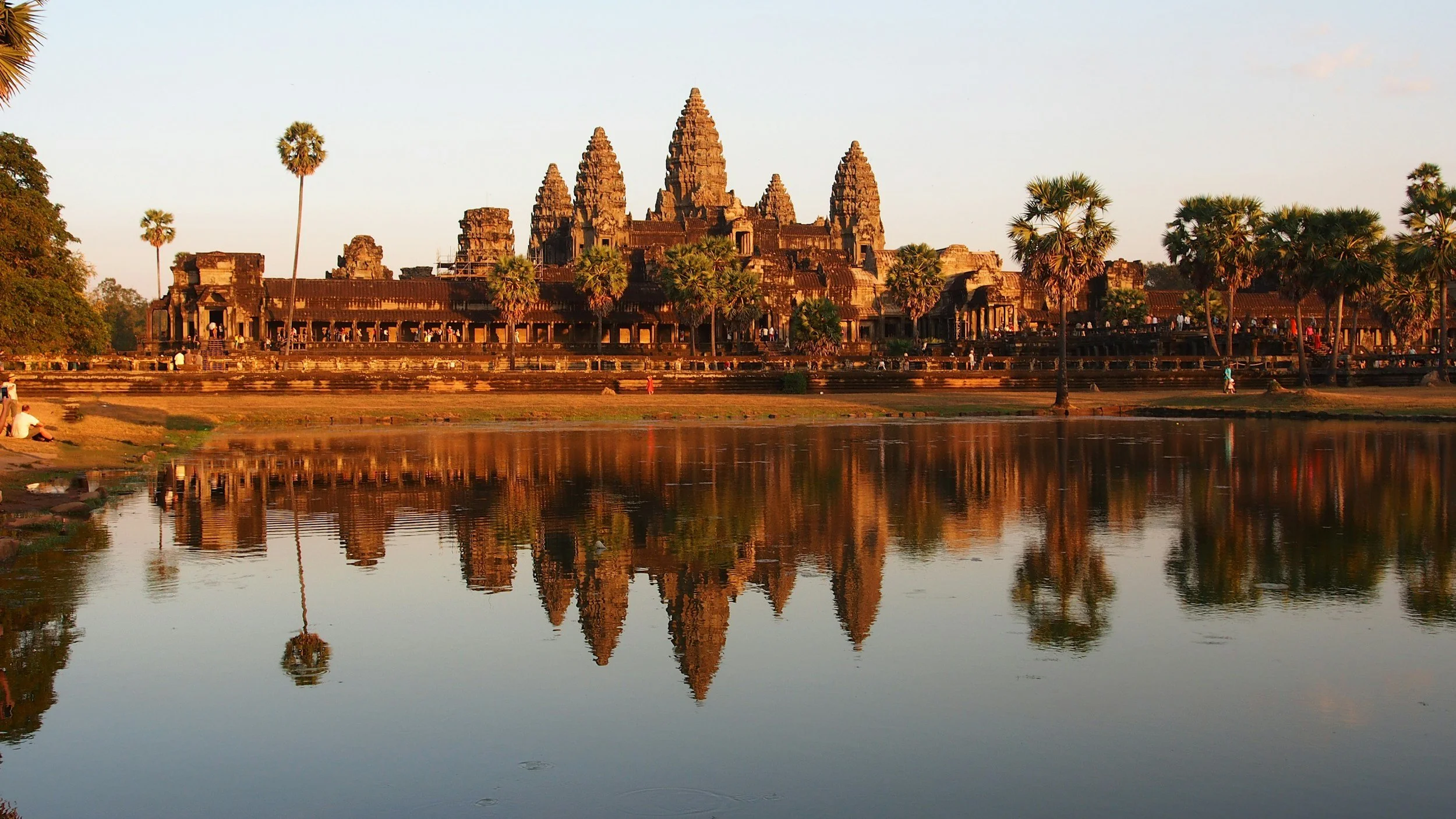 Angkor Wat temple reflected in the water at sunrise in Siem Reap, Cambodia.