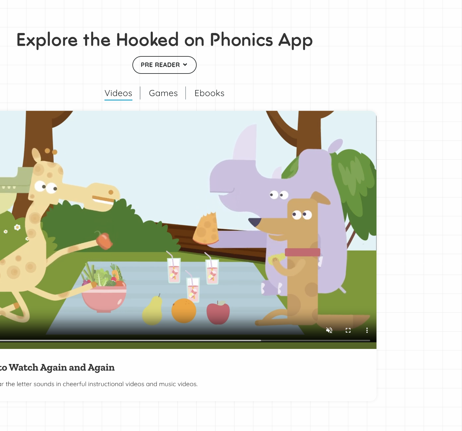 Cartoon illustration of a giraffe, elephant, and two dogs having a picnic outdoors with fruits and drinks on a table.