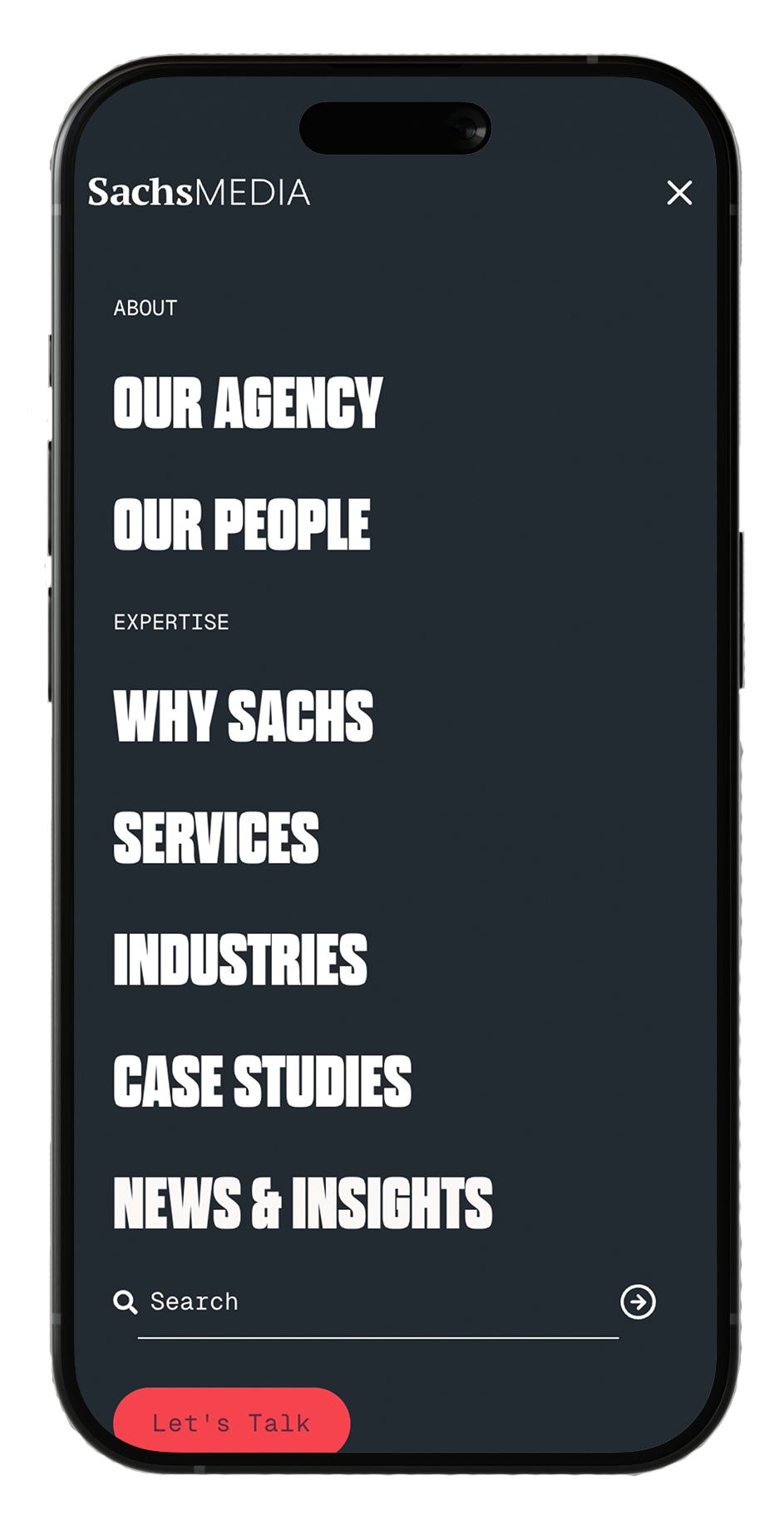 Mobile phone displaying a website menu with sections such as About, Expertise, Our Agency, Our People, Why Sachs, Services, Industries, Case Studies, News & Insights, and a red 'Let's Talk' button at the bottom.