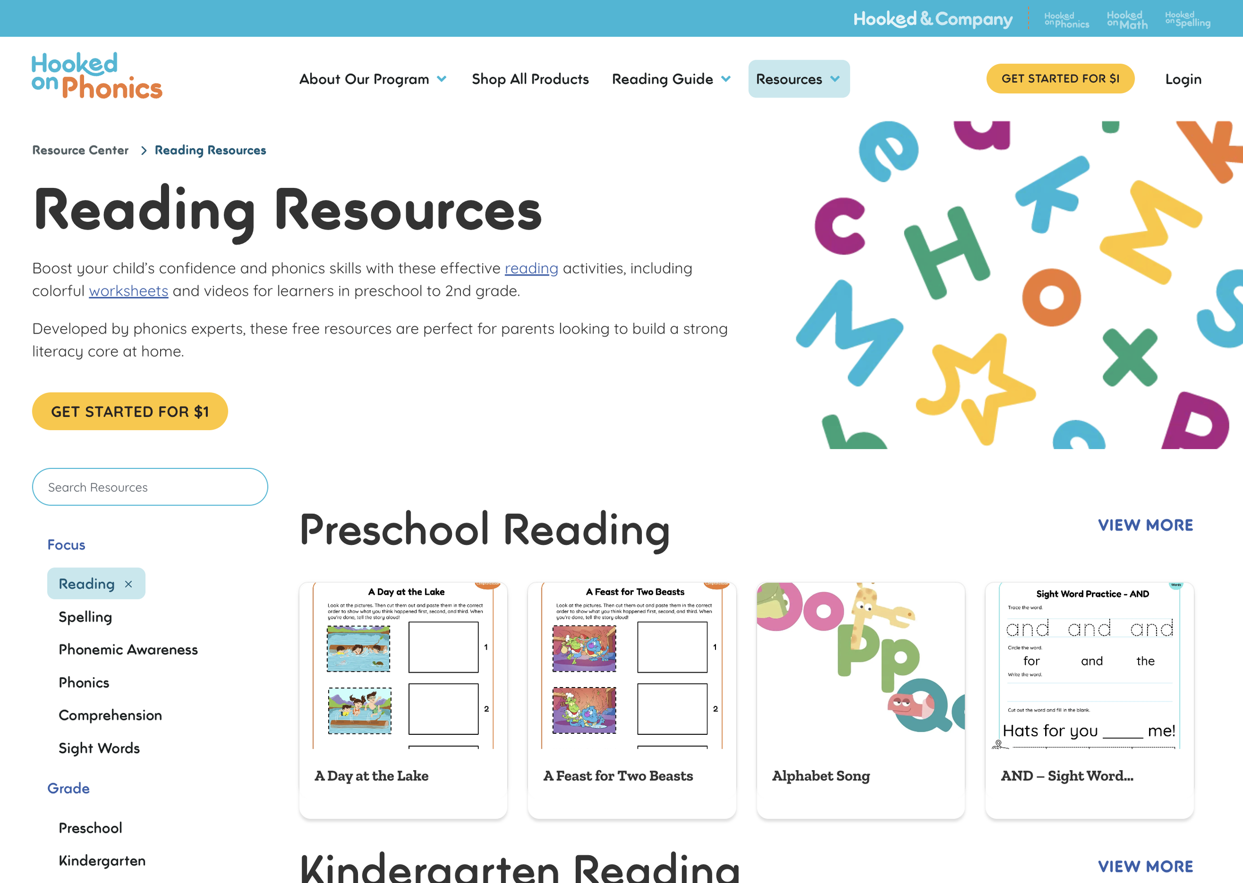 Screenshot of the Hooked on Phonics website showing reading resources for preschool to 2nd grade, with colorful alphabet letters scattered on the right side.