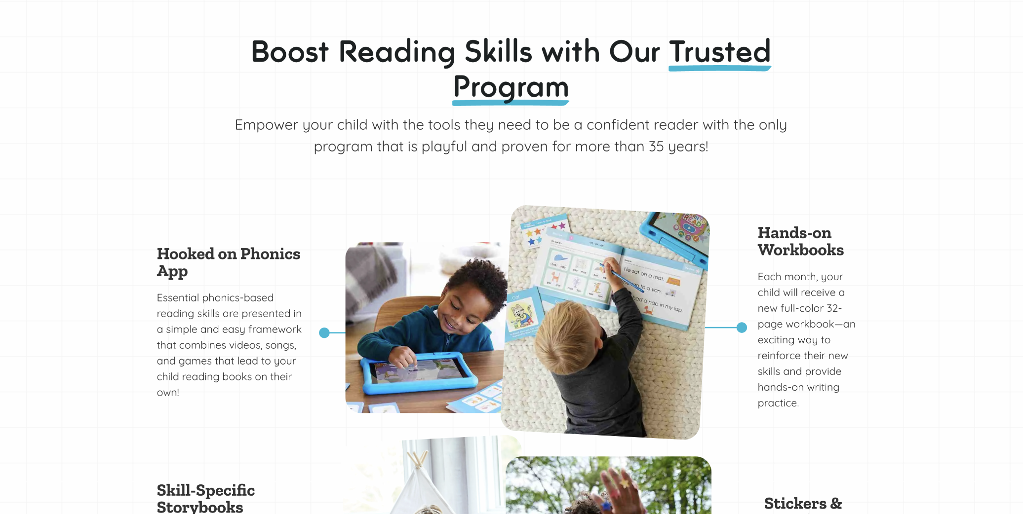 A webpage promoting a reading skills program with images of children engaging with tablets and workbooks.