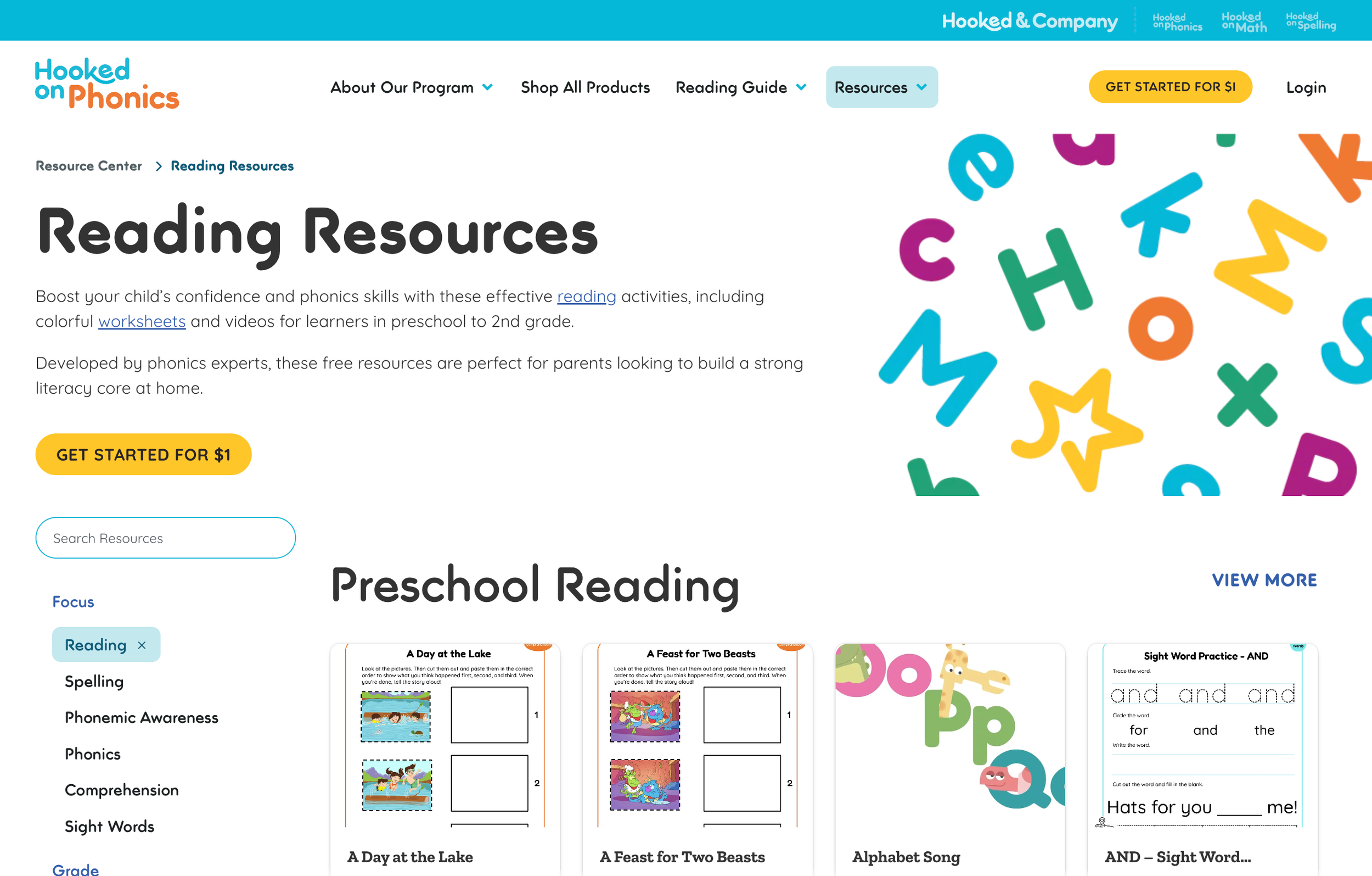 Screenshot of Hooked on Phonics' Reading Resources webpage, featuring colorful scattered alphabet letters on the right side and a section with preschool reading activities, such as story pages and sing-alongs, on the left.