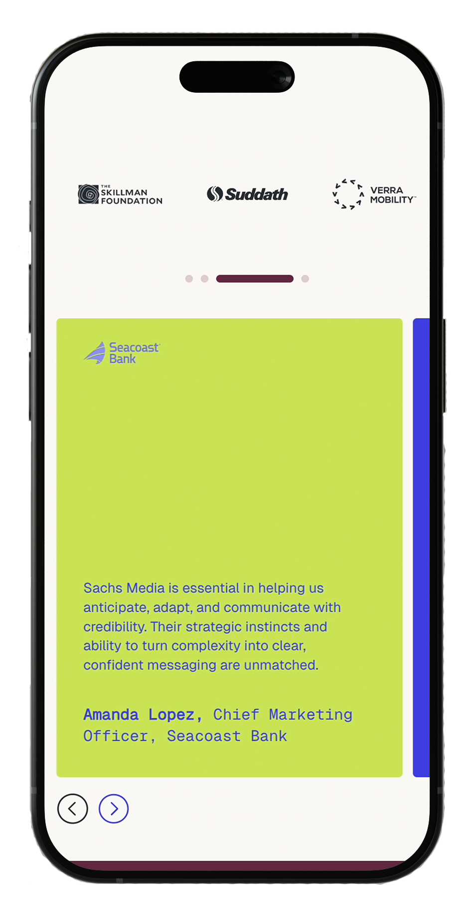 Screenshot of a mobile device displaying a presentation slide with logos of Seacoast Bank, Skillman Foundation, Suddath, and Verra Mobility at the top. The slide contains a quote from Amanda Lopez, Chief Marketing Officer of Seacoast Bank, about the importance of media in communication. The quote is in blue text on a light green background.